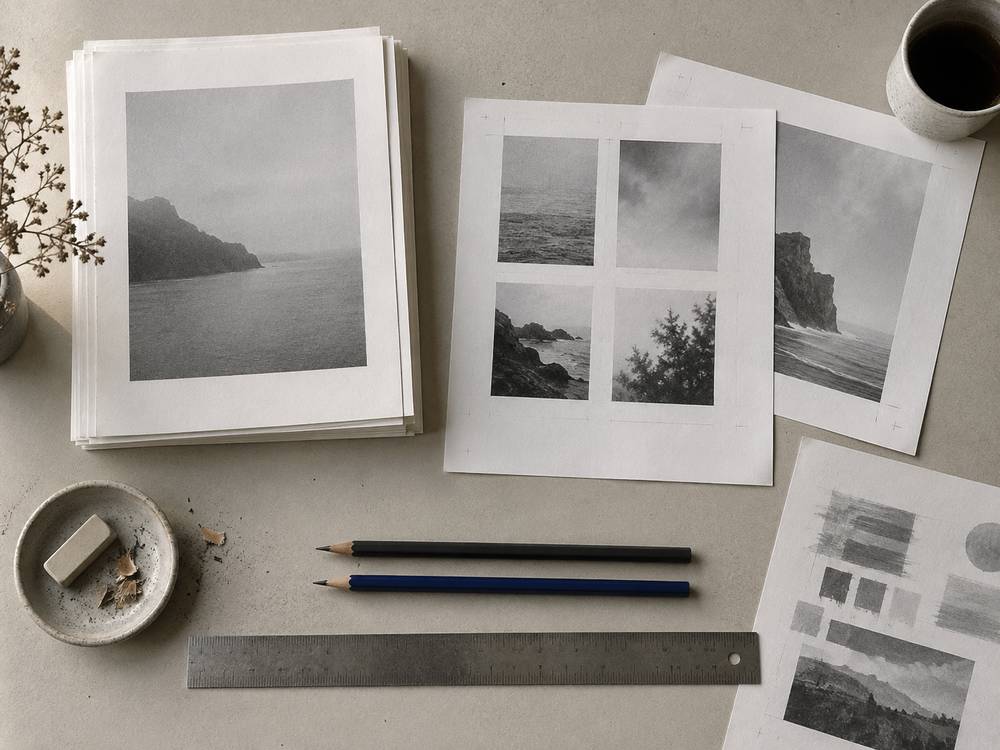 An editing desk seen from above: printed drafts, loose proof sheets, a steel ruler and two sharpened pencils.
