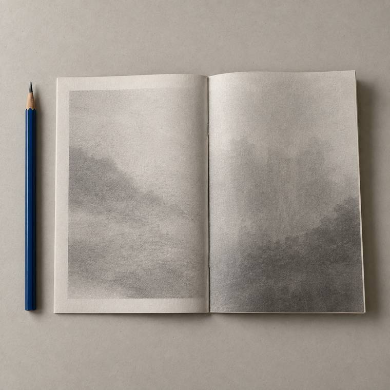 A small printed booklet open flat, with a sharpened blue pencil beside the spine.