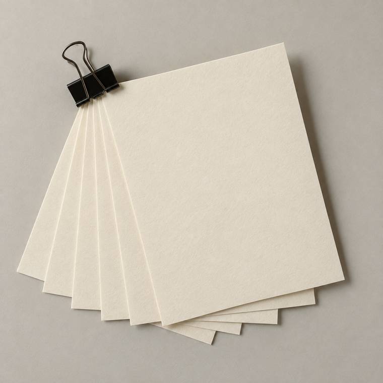Proof sheets fanned in a row and held at one corner by a metal clip.