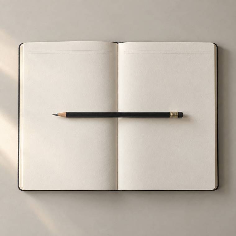 An unlined notebook open flat with a graphite pencil resting across the gutter.
