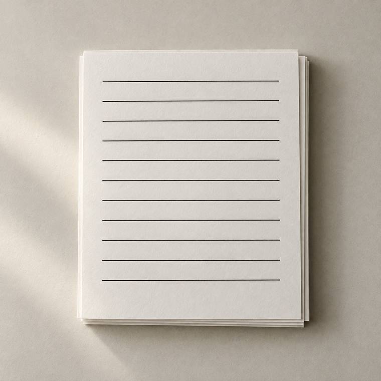 A short stack of loose printed pages squared off on a pale desk.