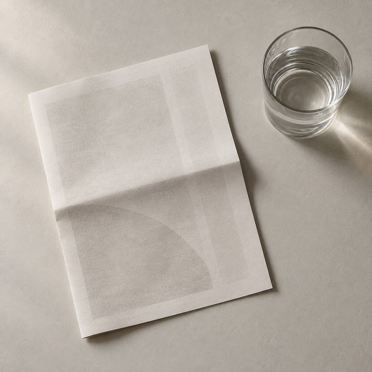 A folded printed sheet on a desk beside a plain glass of water.