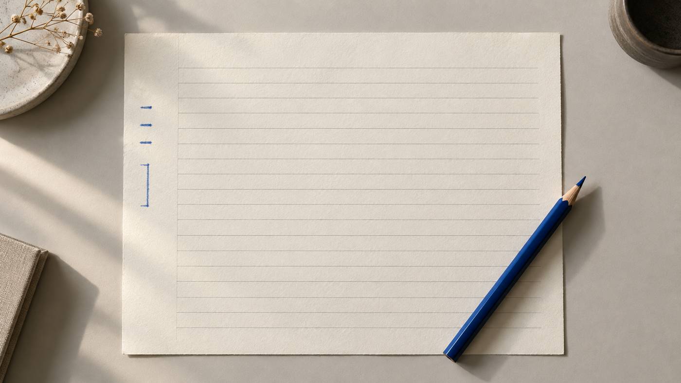 A sheet of ruled paper lying flat on a desk with two short blue editor marks in its left margin and a sharpened blue pencil resting across it.